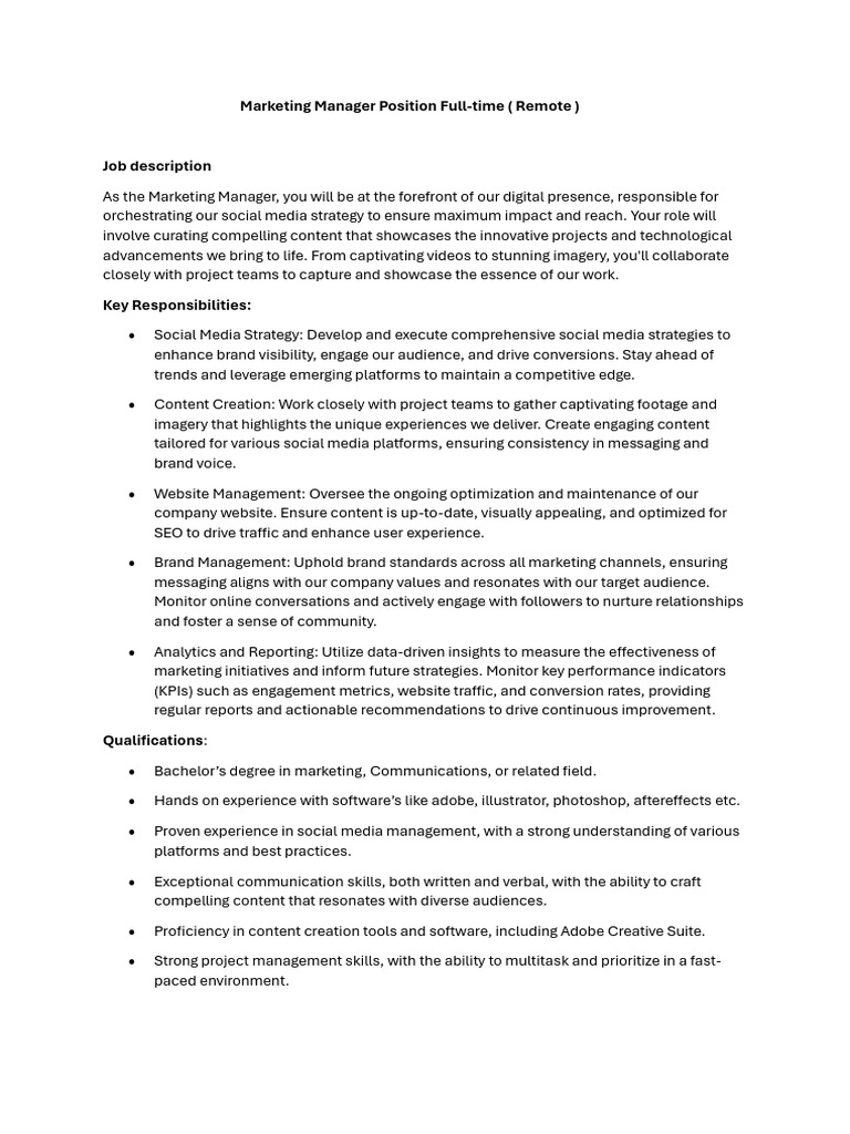 Marketing Manager Position JD-3 | PDF | Digital Marketing | Social Media