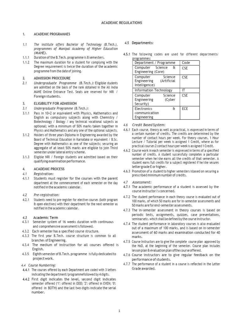 B.Tech Admission and Academic Regulations | PDF | Thesis | Academic Degree