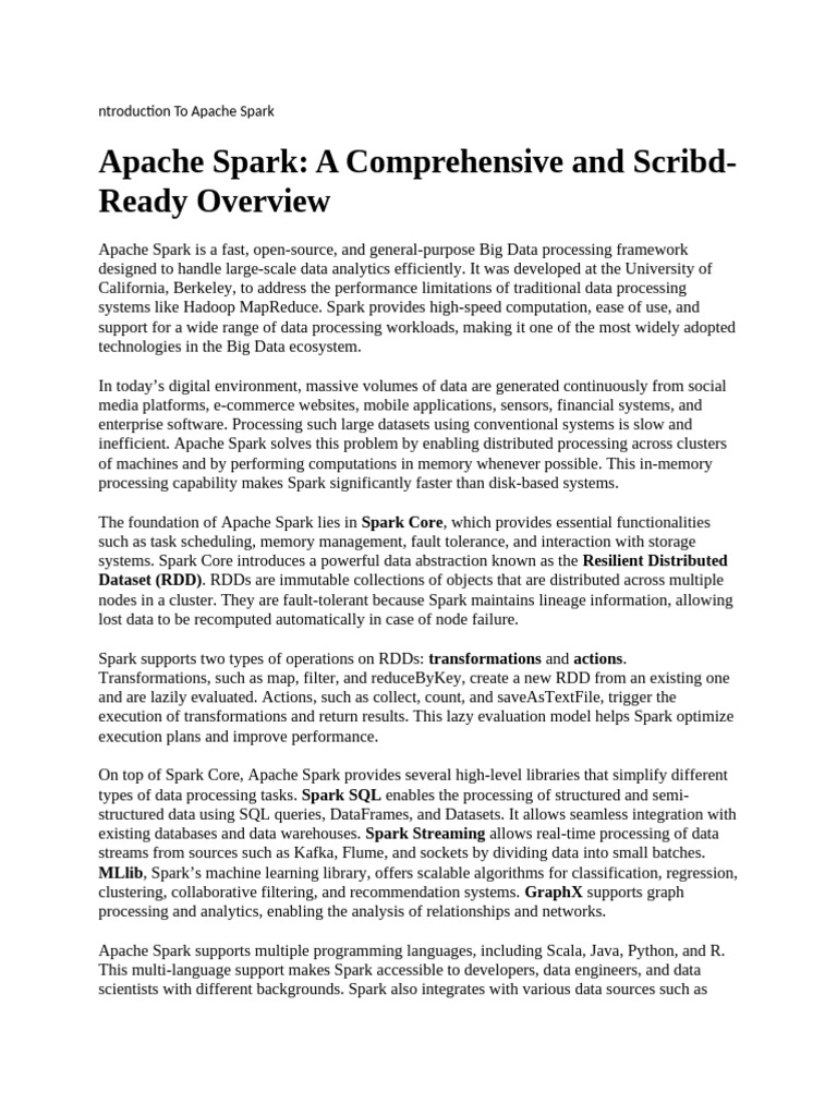 Overview of Apache Spark Framework | PDF | Apache Spark | Apache Hadoop