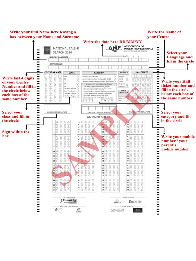 Sample Instructions - OMR Sheet - AMP NTS 2024 | PDF