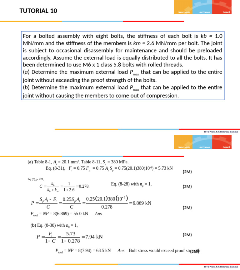 Maximum Load Calculations for Bolted Joints | PDF