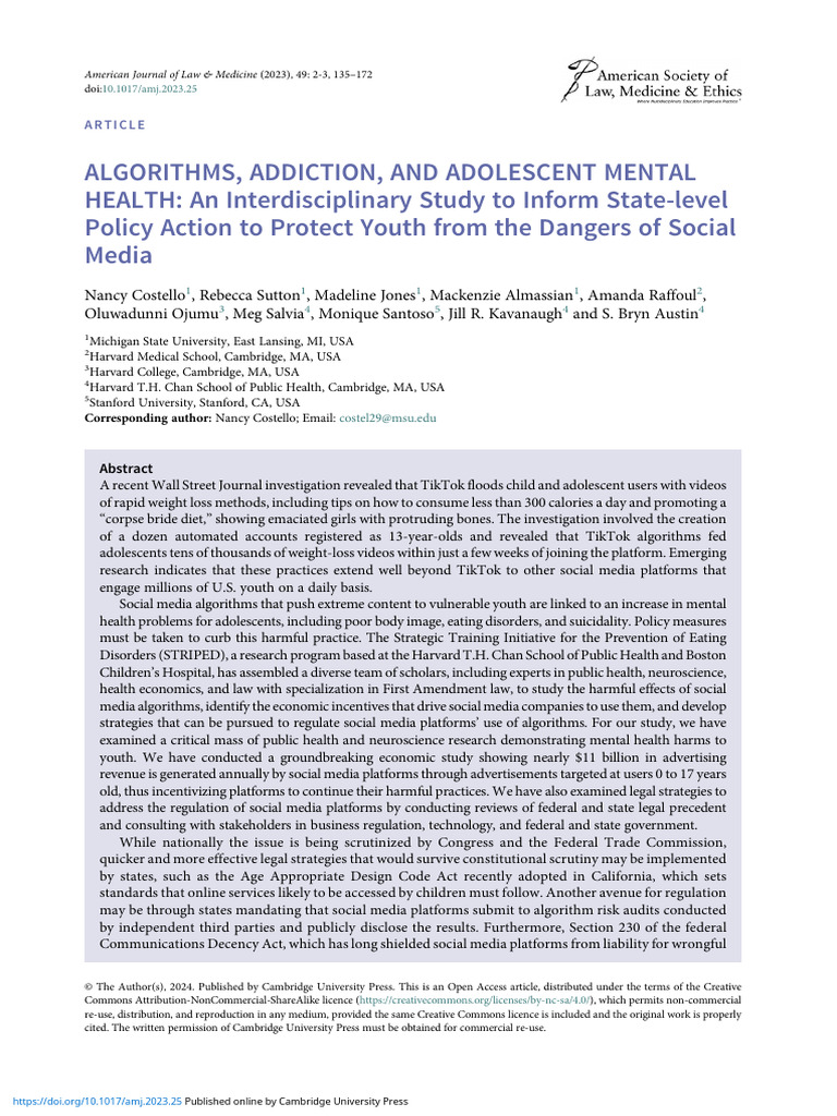 Algorithms Addiction and Adolescent Mental Health an Interdisciplinary ...