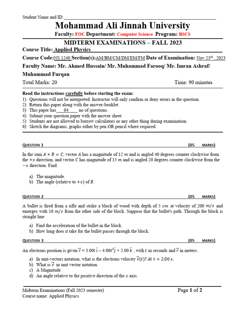 Applied Physics Mid Fa23 | PDF | Euclidean Vector | Physics