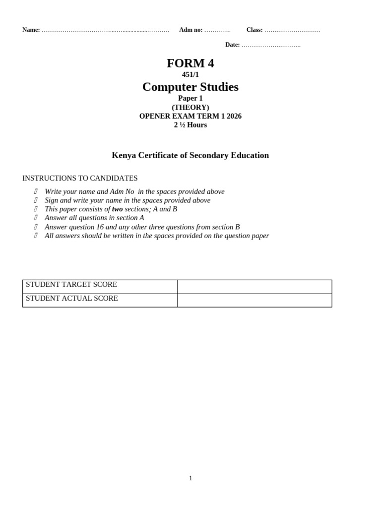 Form 4 Computer Studies Theory Exam 2026 | PDF | Computer Hardware ...