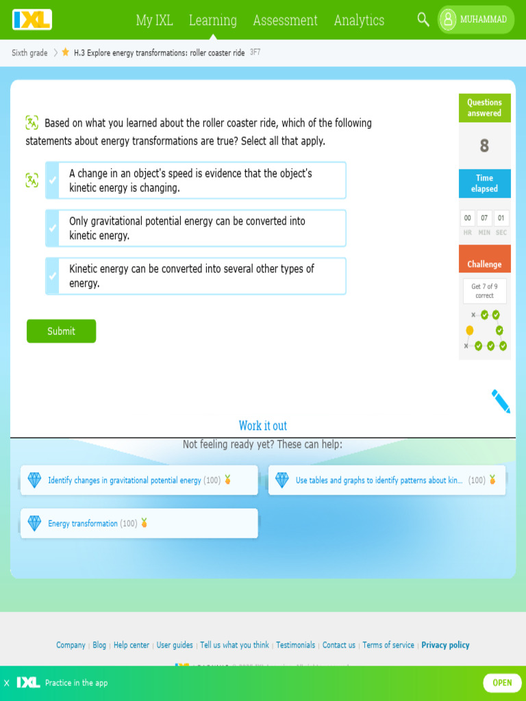 IXL Explore Energy Transformations Roller Coaster Ride 6th Grade ...