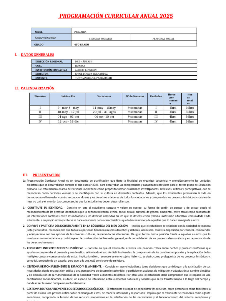 Programación Curricular 2025: 4to Primaria | PDF | Sustentabilidad ...