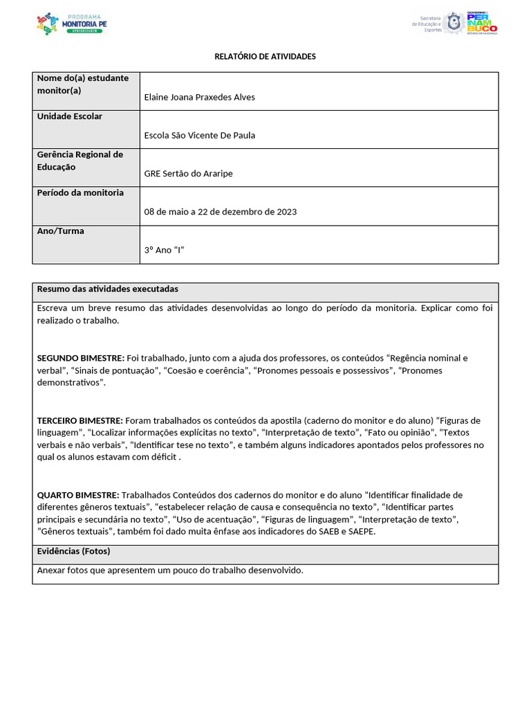 Relatório de Monitoria Escolar 2023 | PDF | Aprendizado