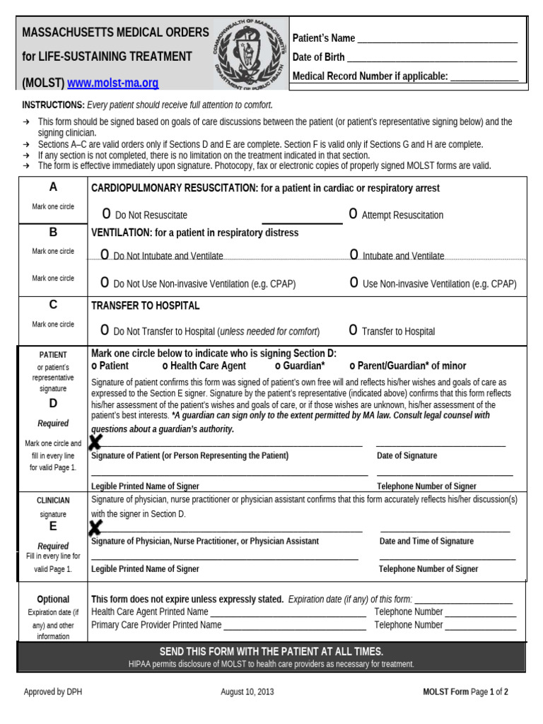 Massachusetts MOLST Form Instructions | PDF | Cardiopulmonary ...
