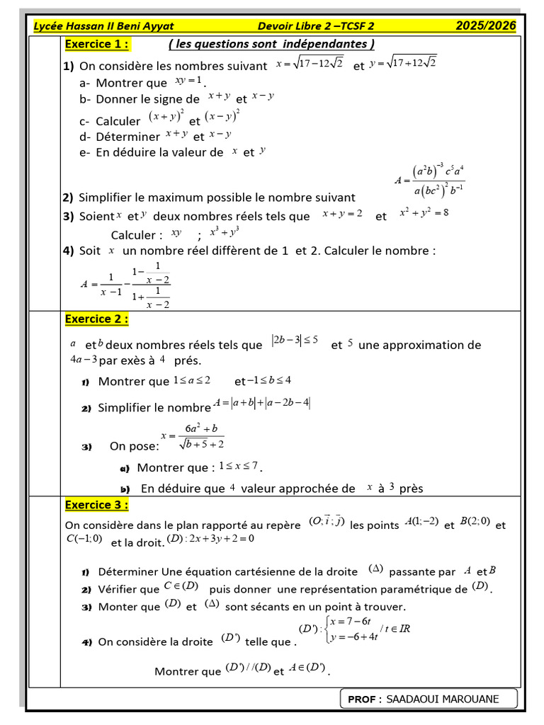 Devoir de mathématiques TCSF 2 - 2025/2026 | PDF | Mathématiques ...