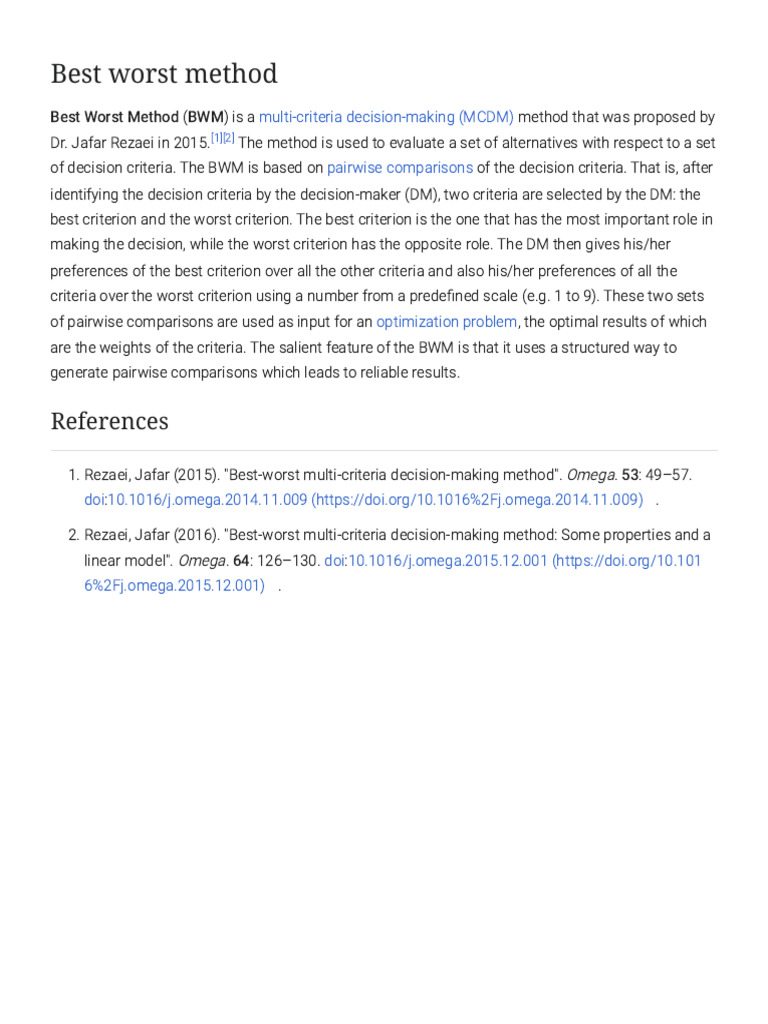 Best Worst Method for Decision-Making | PDF