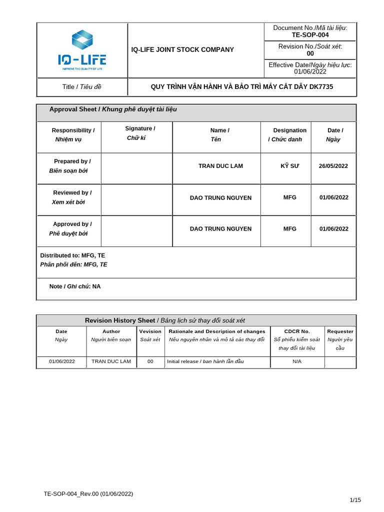 TE-SOP-004_Rev00 - Quy Trình Vận Hành Và Bảo Trì Máy Cắt Dây DK7735 | PDF