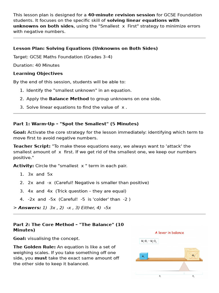 Lesson plan Equations (Unknowns on both sides) | PDF | Equations ...
