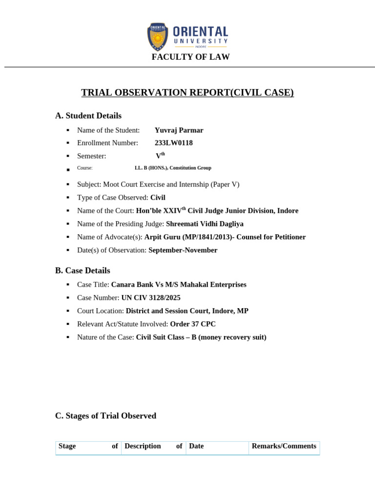 Civil Trial Observation Report: Canara Bank Case | PDF | Lawsuit | Advocate