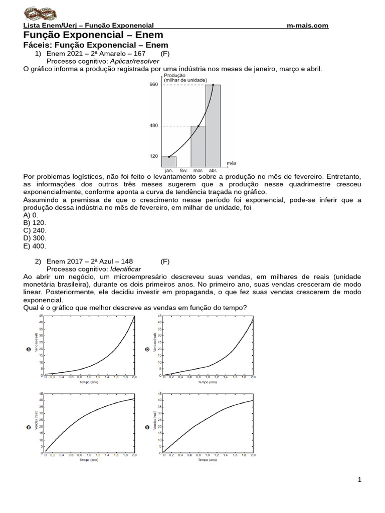 Função Exponencial: Questões Enem/Uerj | PDF | Bactérias | Função ...