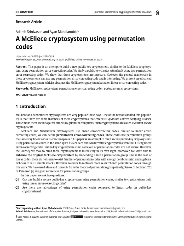 A McEliece Cryptosystem Using Permutation Codes | PDF | Permutation ...