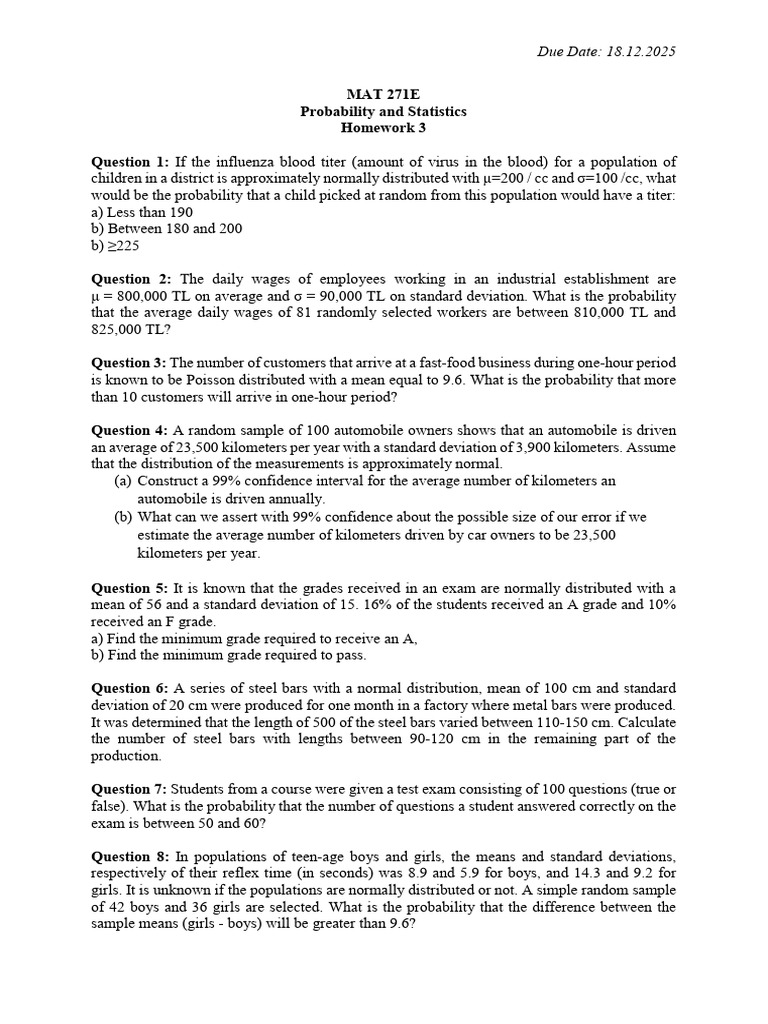 Probability and Statistics Homework 3 | PDF | Standard Deviation ...