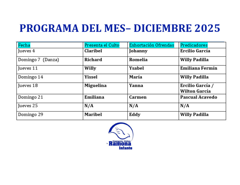 Programa de Cultos Diciembre 2025 | PDF
