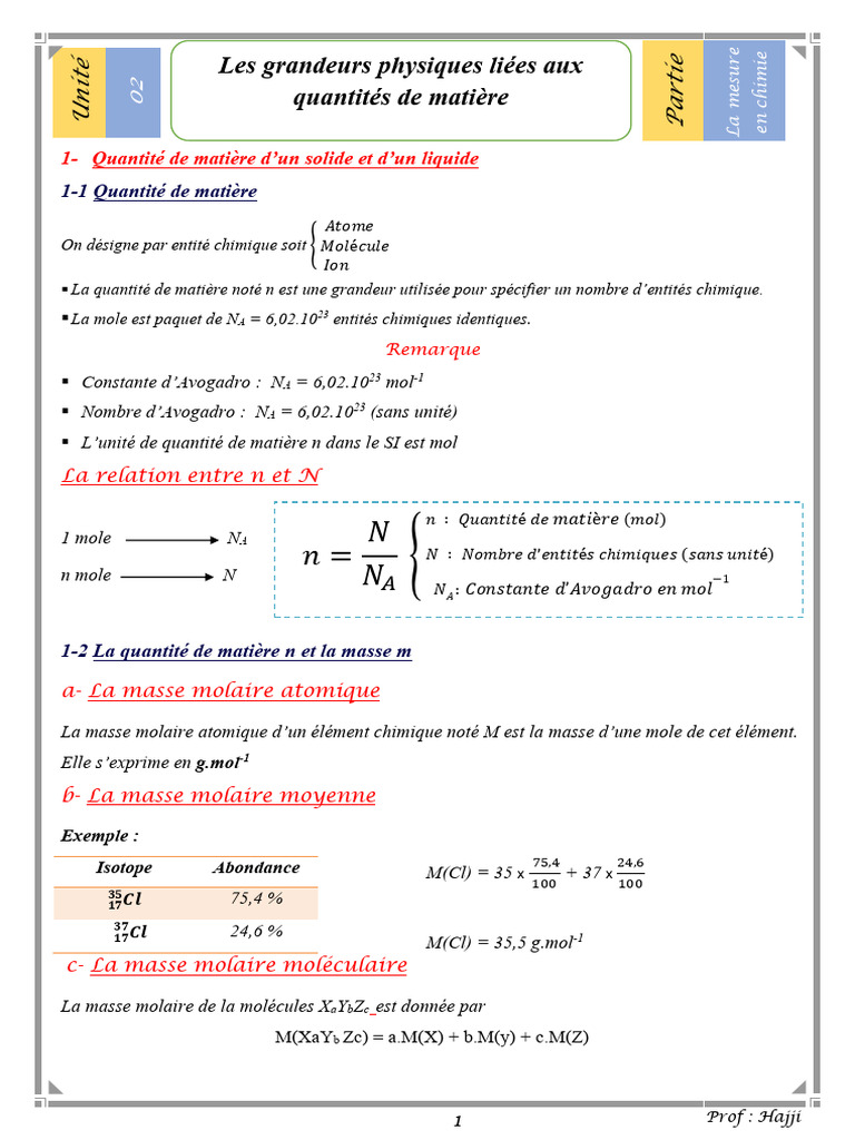 Quantité de matière en chimie : solides, liquides, gaz | PDF ...