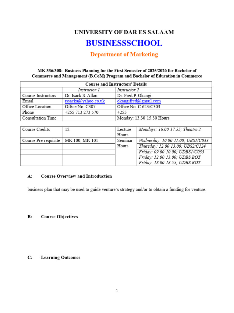 Business Planning Course Overview 2025 | PDF | Lecture | Marketing