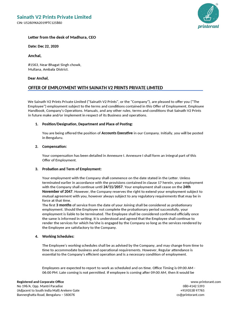 Anchal-Offer Letter-Sainath V2 Prints PVT LTD | PDF | Breach Of ...