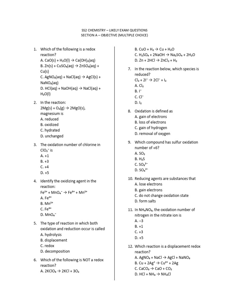 SS2 Chemistry Exam Questions Guide | PDF | Anode | Redox