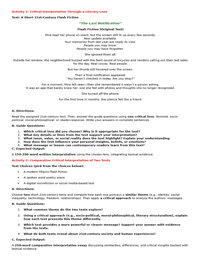 Alternative Activity for Critical Interpretation | PDF | Human ...
