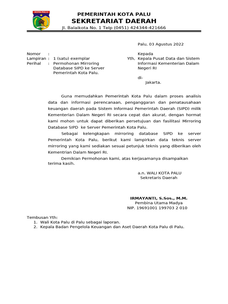 Permohonan Mirroring Database SIPD Palu | PDF