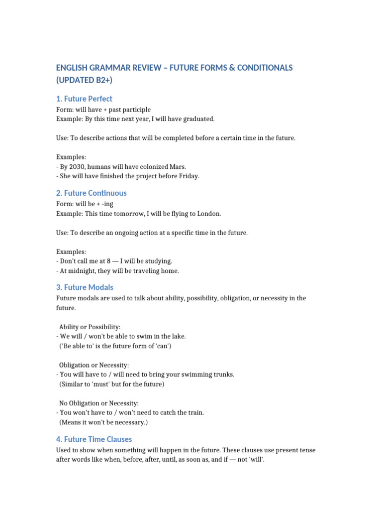 Future Forms & Conditionals Review Guide | PDF | Grammar | Linguistics
