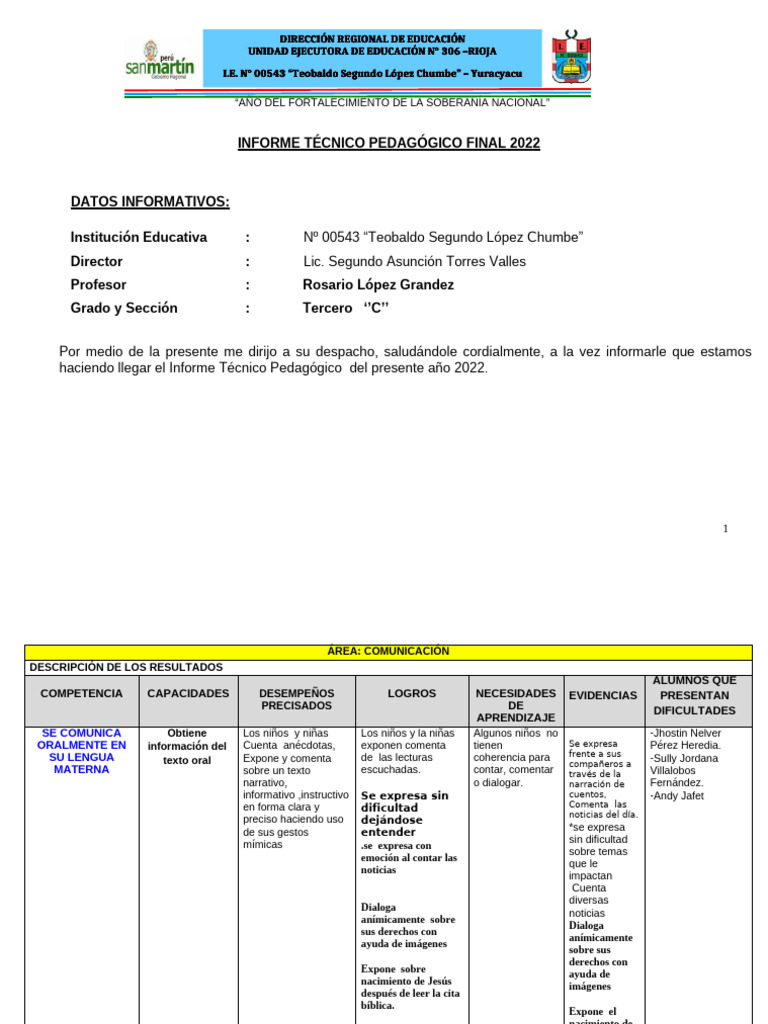 INFORME TÉCNICO PEDAGÓGICO FINAL - 2022 Actual | PDF | Geometría ...