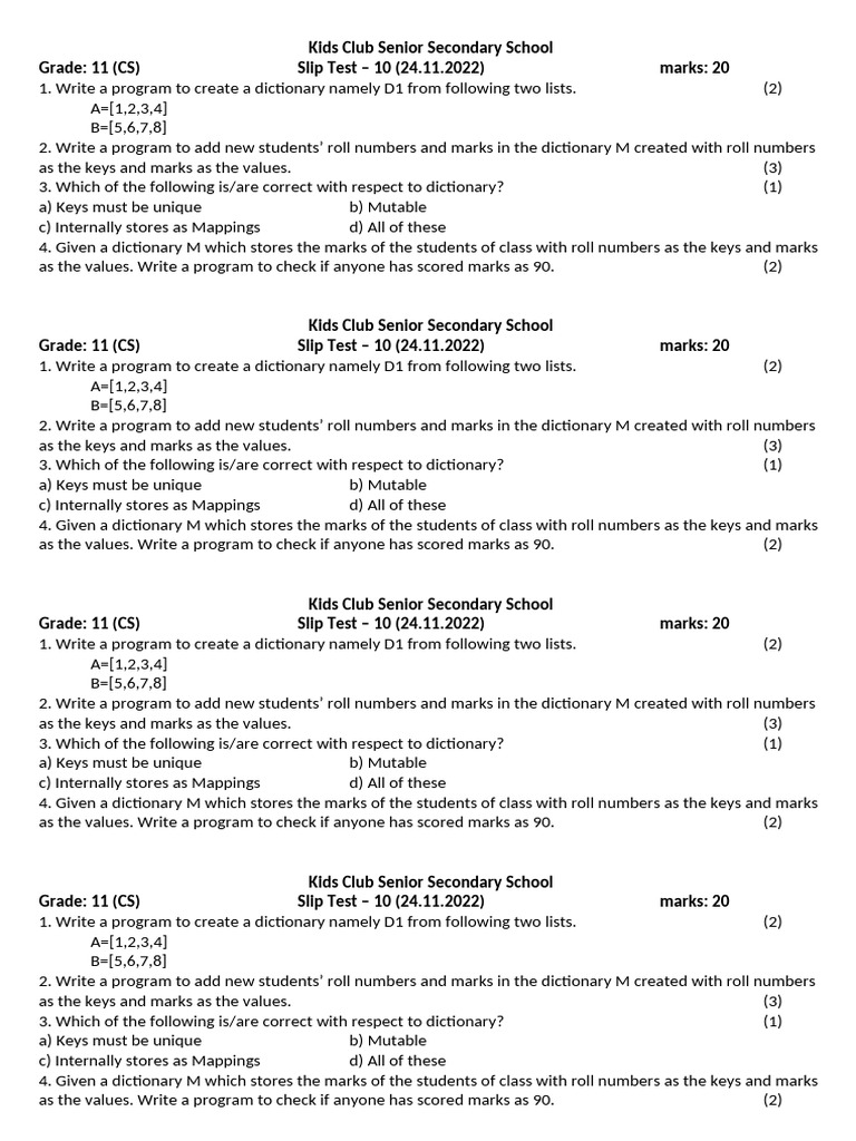 Grade 11 CS Dictionary Programming Test | PDF | Chess | Chess Theory