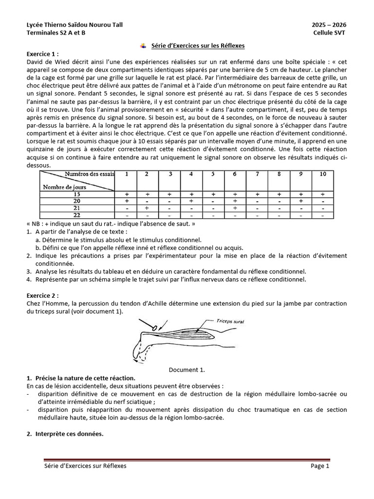 Exercices sur les Réflexes en SVT | PDF | Synapse | Muscle
