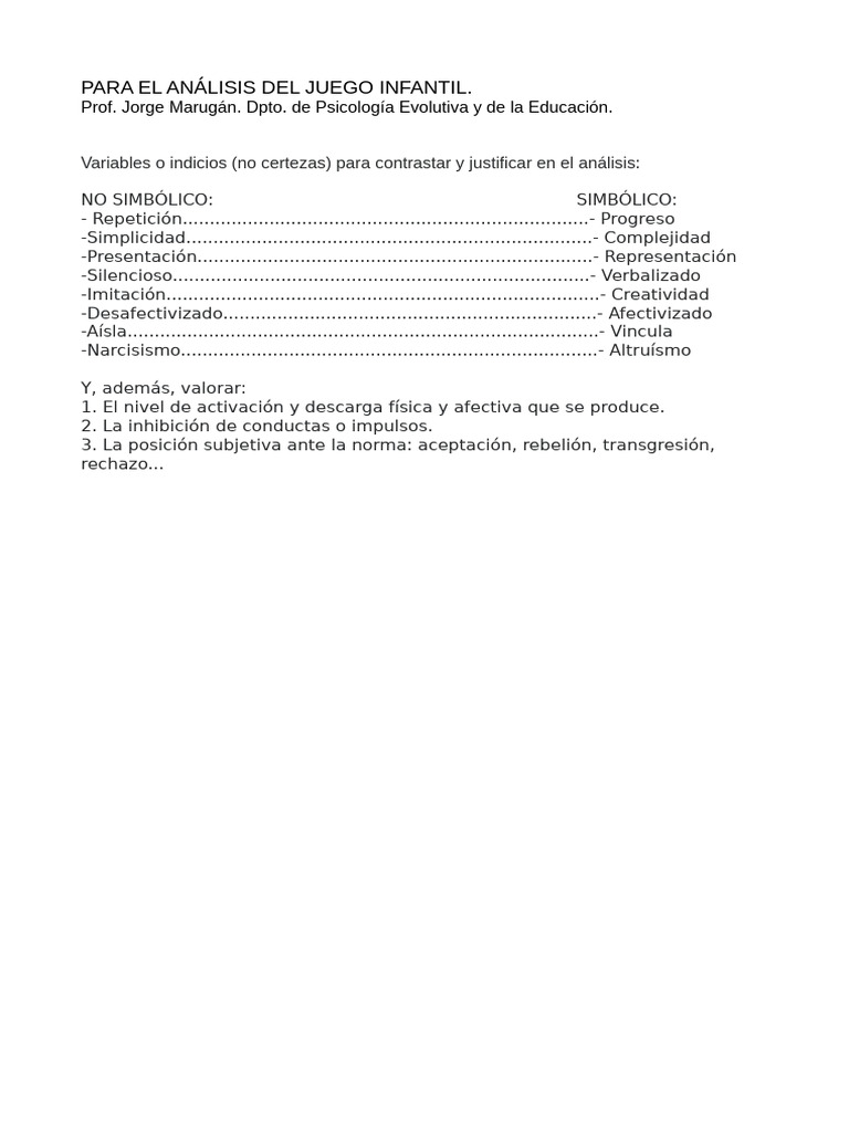 Análisis del Juego Infantil: Indicadores Clave | PDF