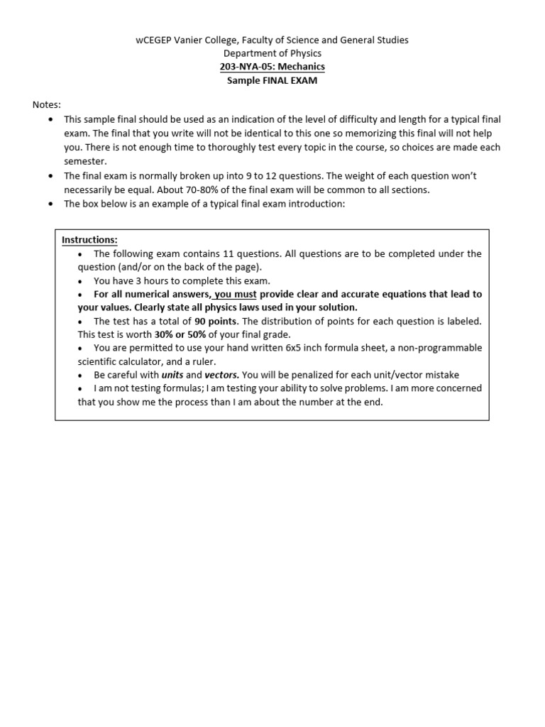 Mechanics Sample Final Exam Guide | PDF | Force | Acceleration