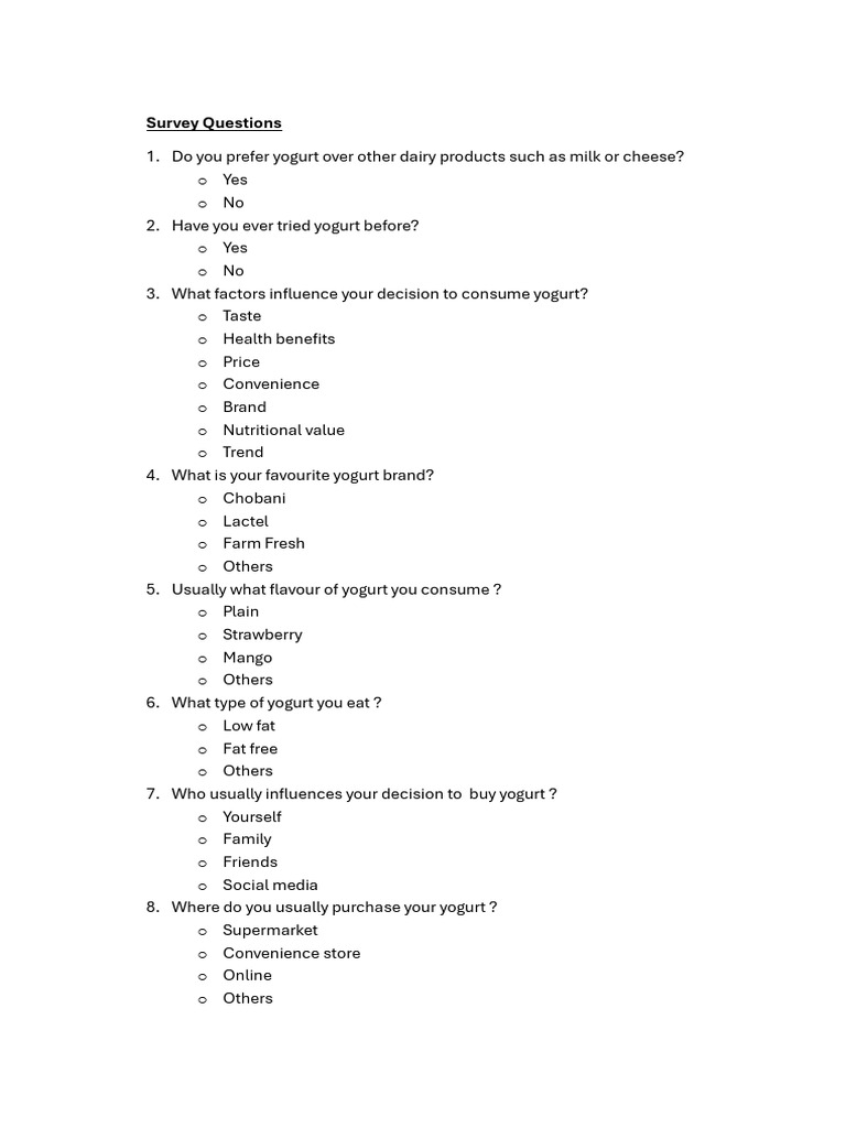 Yogurt Consumption Survey Questions | PDF