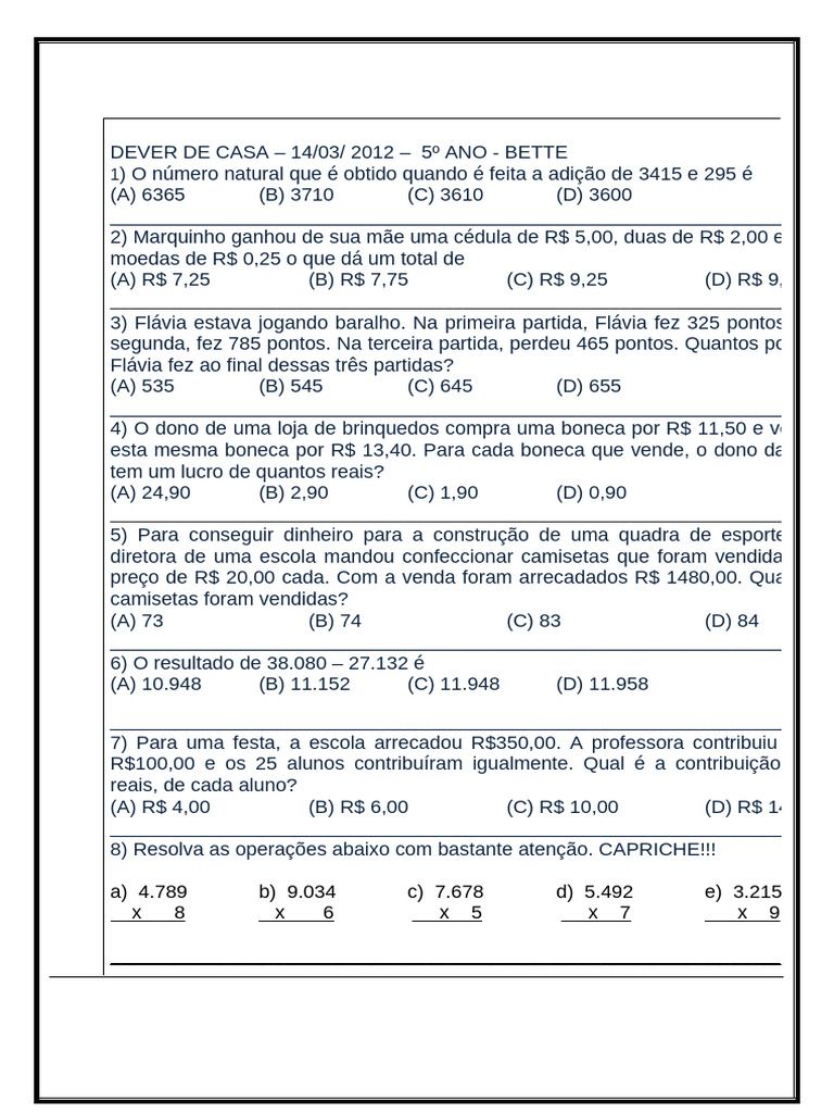 Dever de Casa: Matemática e Português 5º Ano | PDF | Quilograma | Triângulo