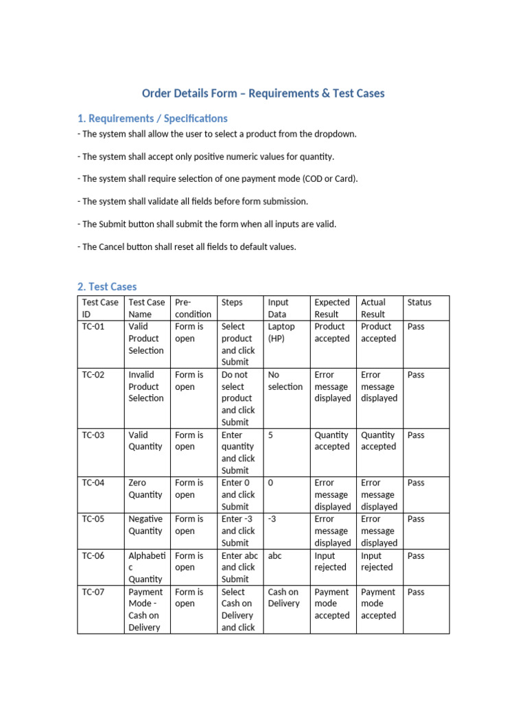 Order Form Test Cases and Requirements FINAL | PDF | Computing ...
