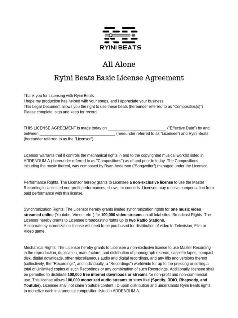 Ryini Beats License Agreement Details | PDF | License | Sound Recording ...