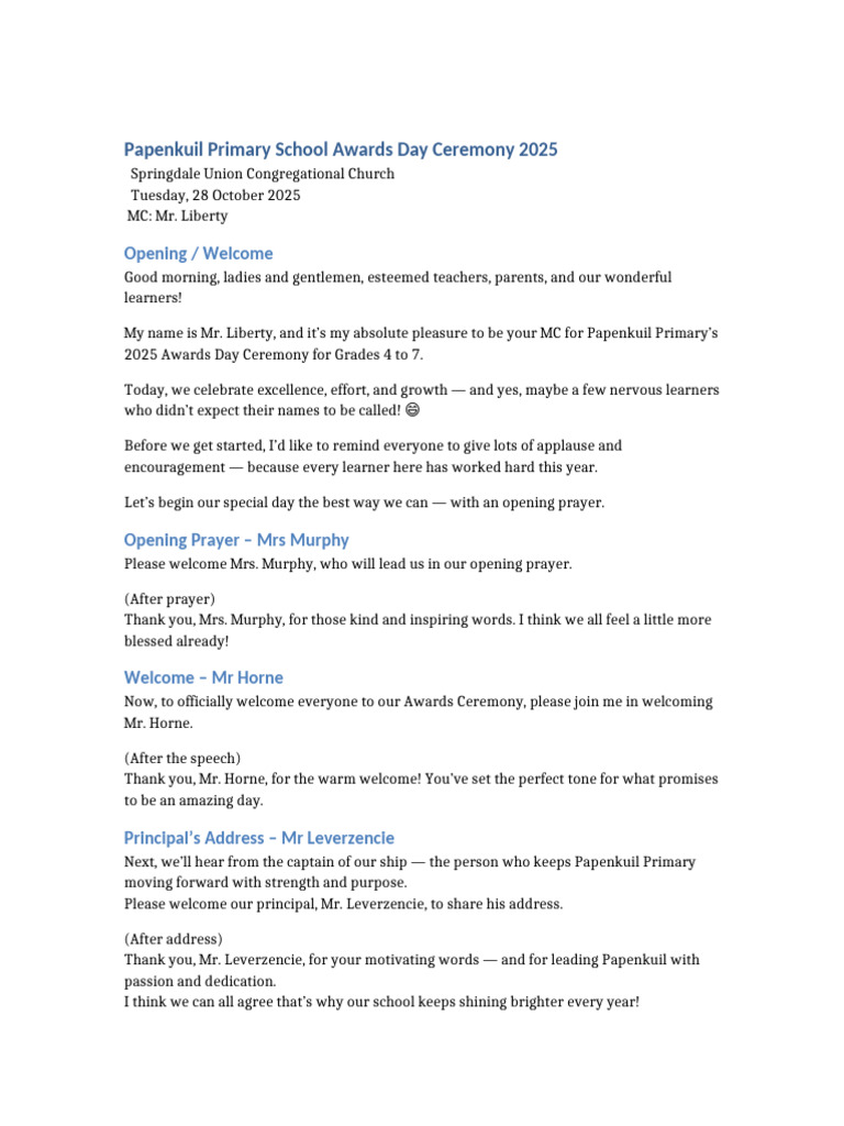 Papenkuil Primary Awards Day 2025 Script | PDF