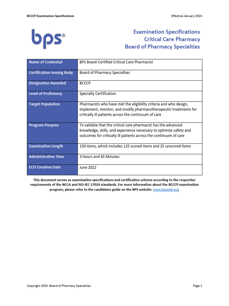 BCCCP Exam Specs for Pharmacists 2024 | PDF | Pharmacist | Pharmacy