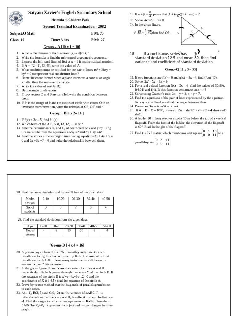 Class 10 Math Exam Paper 2082 | PDF | Mathematical Physics | Linear Algebra