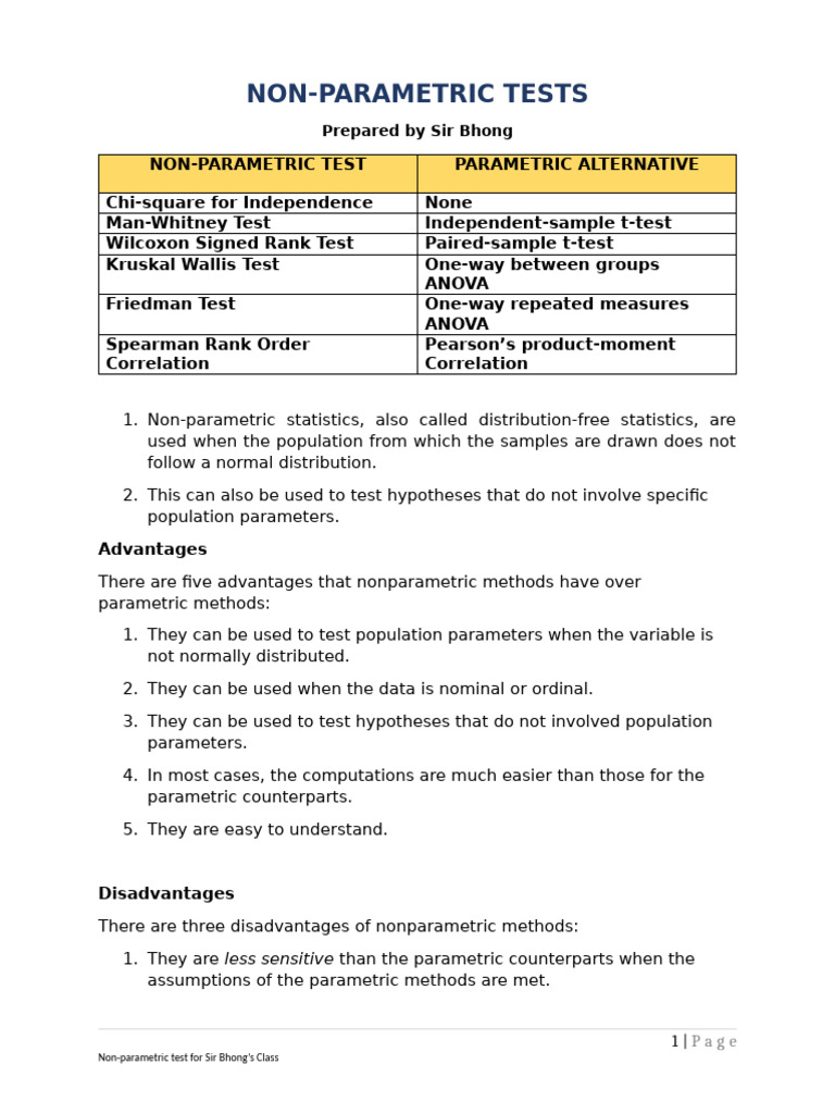 Non-Parametric Statistical Tests Guide | PDF | Chi Squared Test ...