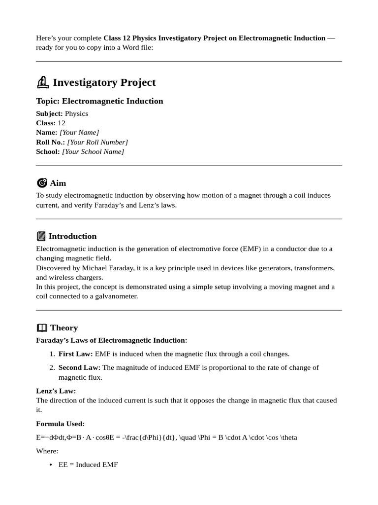Class 12 Electromagnetic Induction Project | PDF | Electromagnetic ...