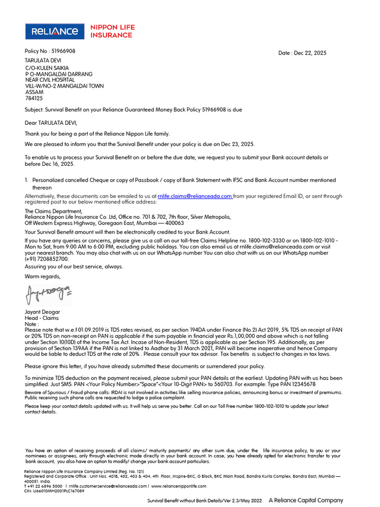 Reliance Policy 51966908 Survival Benefit Notice | PDF | Life Insurance ...