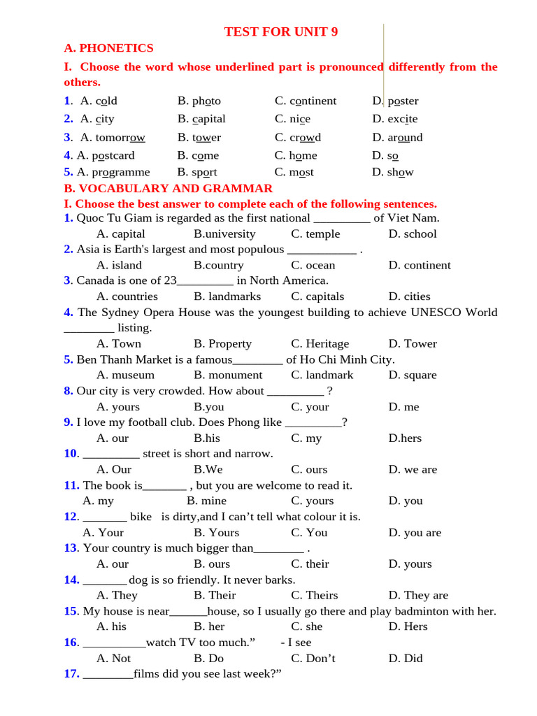 Unit 9 Phonetics and Grammar Test | PDF | Linguistics | Linguistic ...
