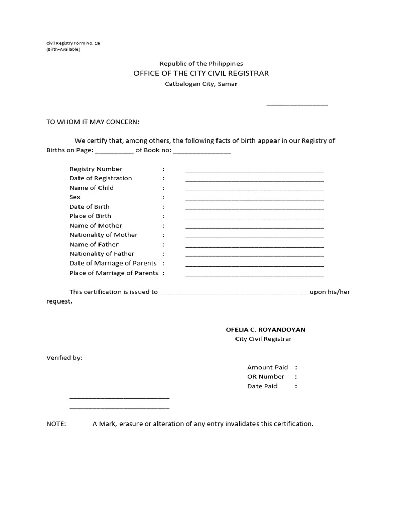 Civil Registry Birth Certificate Form | PDF