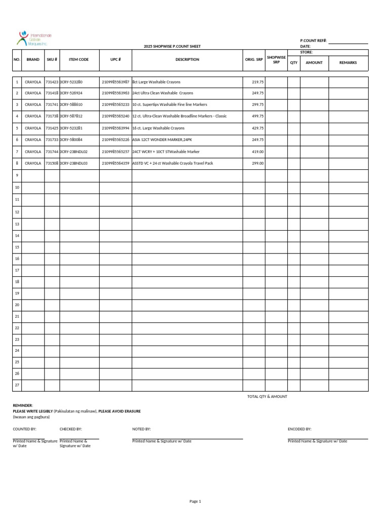 2025 Shopwise Product Count Sheet | PDF