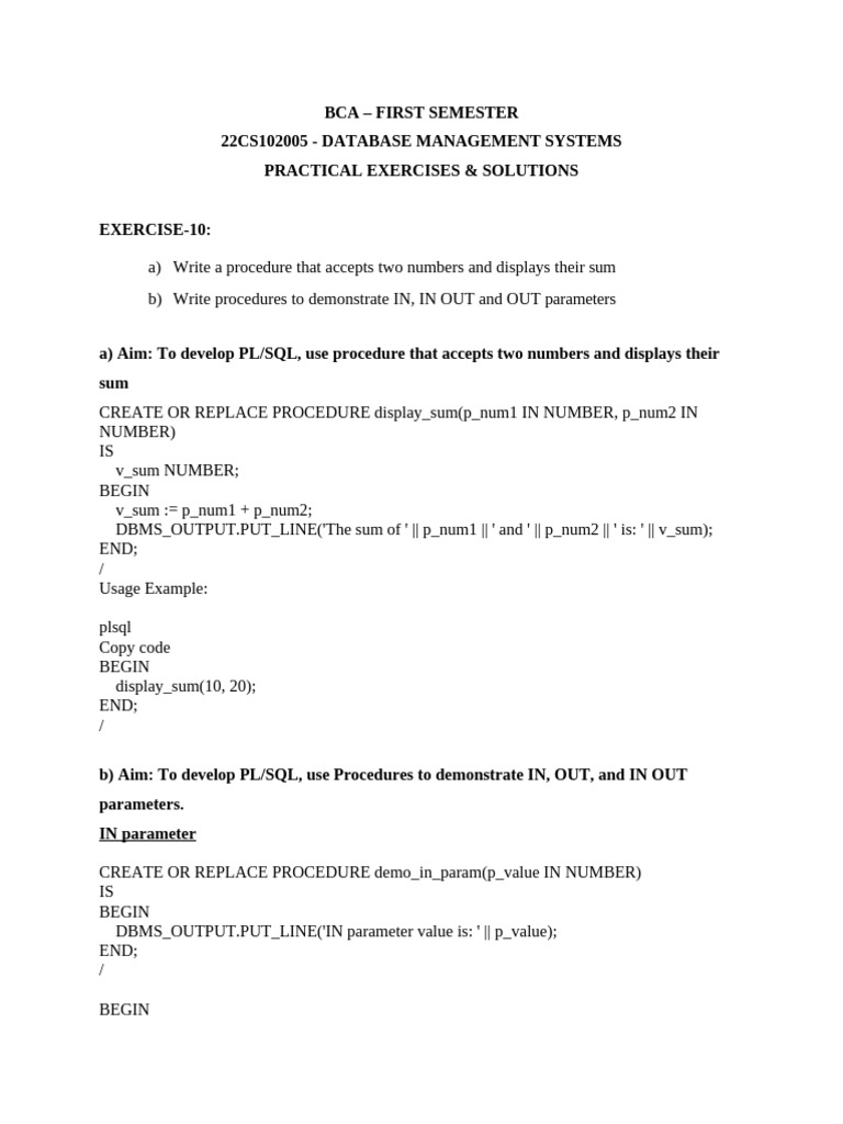 PL/SQL Procedures for Database Exercises | PDF