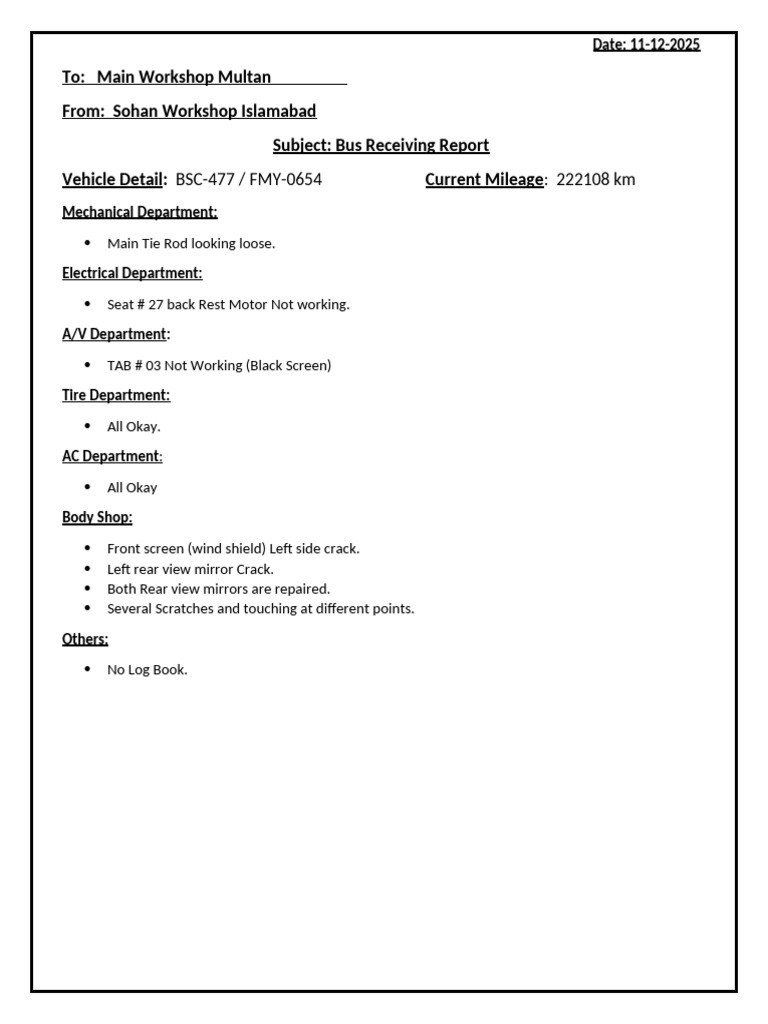 Bus Receiving Report - BSC-477 Issues | PDF