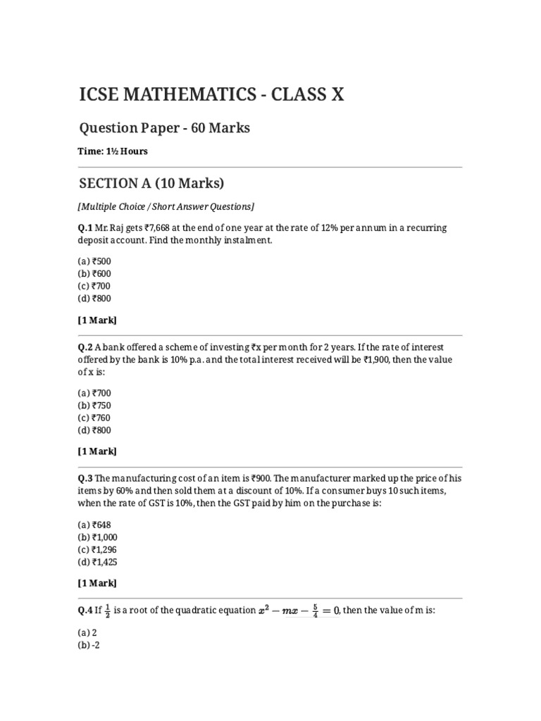 ICSE Class X Mathematics Question Paper | PDF | Value Added Tax | Prices