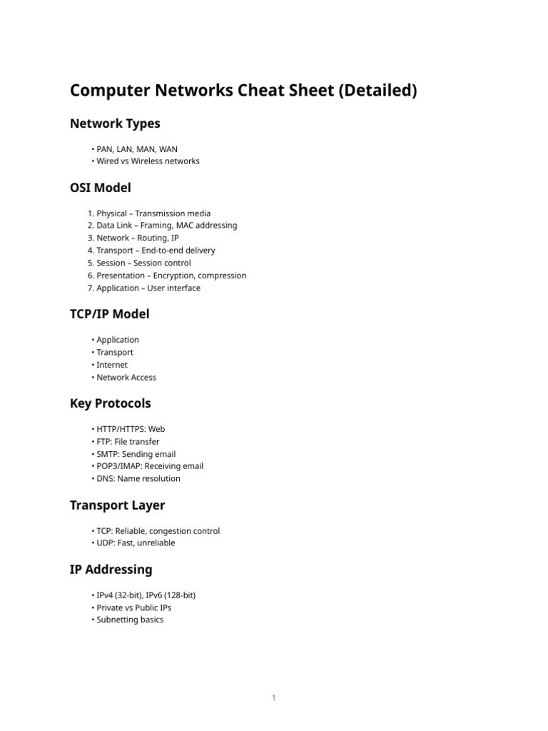 Computer Networks Cheat Sheet Guide | PDF